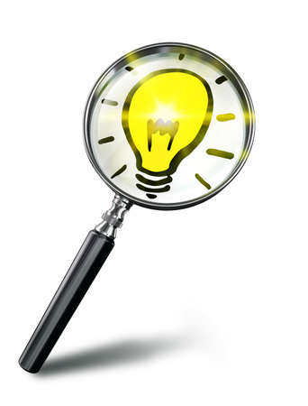 idea lamp symbol concept with magnifying glass on white background. clipping path includedの写真素材