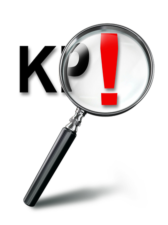 KPI key performance indicator and red exclamation mark with magnifying glass on white background. の写真素材