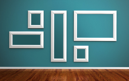 picture frames on blue wall and wood floor 3d render. frames clipping path includedの写真素材