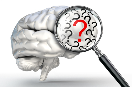 red question mark on magnifying glass and human brain on white backgroundの写真素材