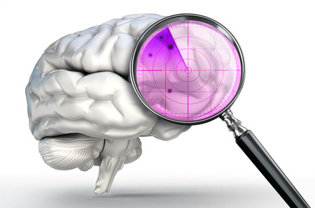 scan on human brain with magnifying glass radar on white backgroundの写真素材