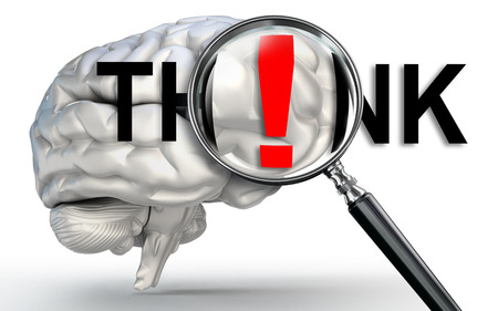 think word on magnifying glass and human brain on white backgroundの写真素材