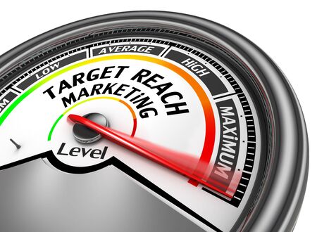 Target reach management level to maximum modern conceptual meter, isolated on white backgroundの写真素材