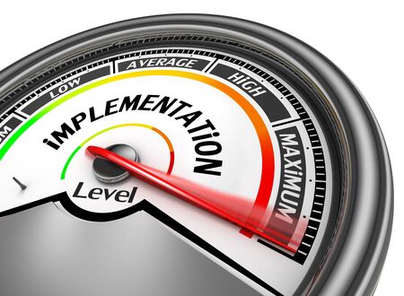implementation level to maximum conceptual meter, isolated on white backgroundの写真素材