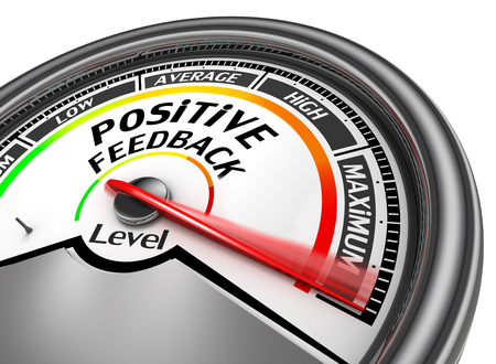 Positive feedback level to maximum conceptual meter, isolated on white backgroundの写真素材