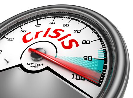 Crisis level to hundred per cent conceptual meter, isolated on white backgroundの写真素材