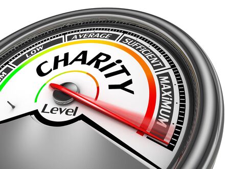 Charity level conceptual meter indicate maximum, isolated on white backgroundの写真素材
