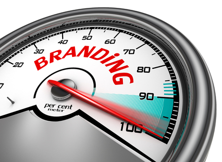Branding level conceptual meter indicate hundred per cent maximum, isolated on white backgroundの写真素材