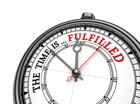 Time is fulfilled red message on concept clock, isolated on white backgroundの写真素材