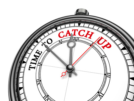 Time to catch up motivation message on concept clock for those who are late, isolated on white backgroundの写真素材
