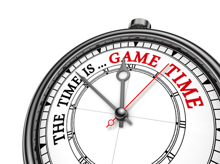 Game time red message on concept clock, isolated on white backgroundの写真素材