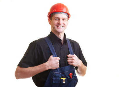 Portrait of worker in red hard hat isolated on white