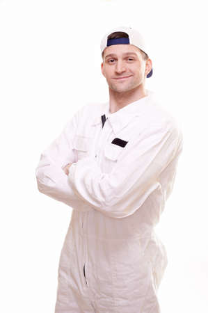 Portrait of a plasterer isolated on whiteの写真素材