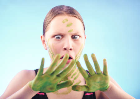 Nervous afraid dirty teen girl の写真素材