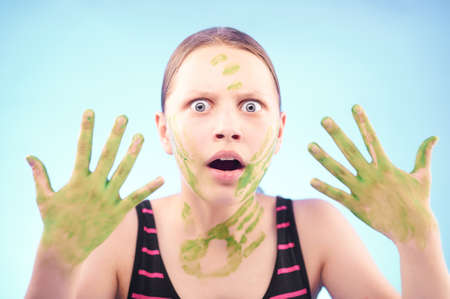 Nervous afraid dirty teen girl の写真素材