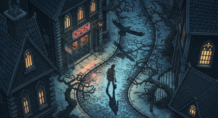A noir scene unfolds with a lone figure heading towards an open bar, a raven soaring above, and gothic buildings creating a mysterious, captivating urban atmosphere.の素材