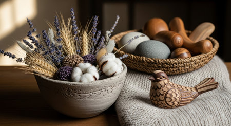Create a calming home ambiance with this rustic decor arrangement. Featuring lavender, cotton, wheat, and a charming wooden bird, it adds a touch of nature's peace.の素材