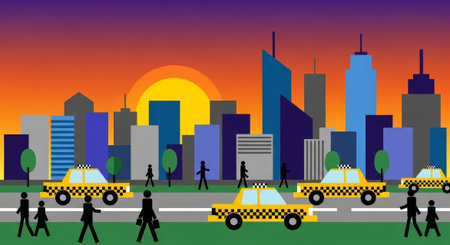 Cheerful cityscape featuring yellow taxis and silhouetted people against a vibrant sunset, ideal for urban lifestyle promotions and modern travel illustrations.の素材