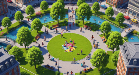 Experience the joy of city life in this vibrant park scene, perfect for promoting urban planning, community events, and healthy lifestyles in a green environment.の素材