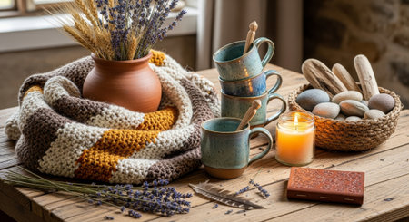 Embrace the warmth of a cozy rustic scene with handmade mugs, lavender, and soft light. Perfect for adding a touch of peaceful farmhouse charm to your project.の素材