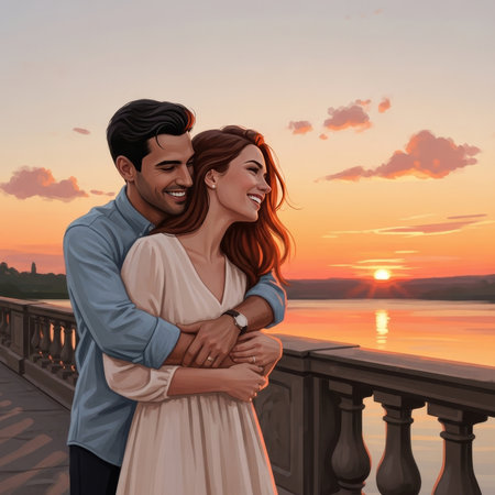 A loving couple shares a tender embrace against a breathtaking sunset backdrop. Evokes feelings of warmth, happiness, and connection, ideal for romantic themes.の素材