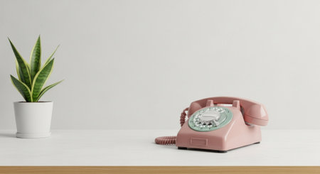 Retro rotary phone and snake plant bring a touch of vintage charm to a modern workspace. Perfect for a calming interior design or communication concept.の素材