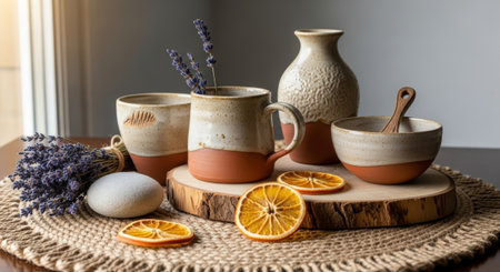 Earthy pottery with lavender and dried oranges evokes rustic charm, perfect for wellness, home decor, or lifestyle branding. Calming, natural tones create peace.の素材