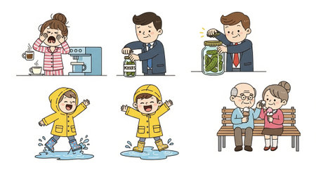 Cartoon illustrations showcase everyday joys like waking up with coffee, enjoying pickles, playing in rain, and sharing ice cream with grandparents, radiating warmth and family love.の素材