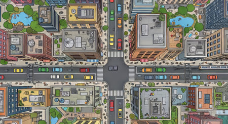 A vibrant city aerial illustration offering a unique perspective for urban planning, architectural designs, or captivating cityscape visuals for various projects.の素材