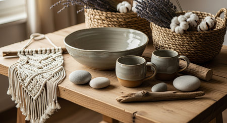 Capture the essence of boho chic style with this rustic wooden table arrangement, featuring handmade macrame, stoneware, lavender, and natural elements for a serene ambiance.の素材