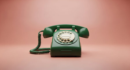 Evoking simpler times, this green rotary phone on a blush background embodies connection and nostalgia. Perfect for retro designs or to symbolize communication.の素材