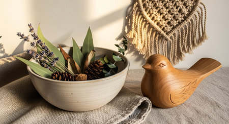 Create a serene space with this rustic home decor. The wooden bird and botanical bowl enhance relaxation and wellness, bringing a touch of nature indoors.の素材