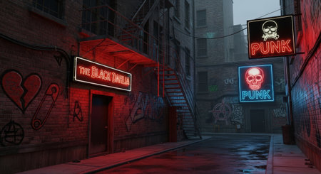 Atmospheric urban alley with vibrant neon punk signs, perfect for music promotion, rebellious brands, or edgy urban lifestyle marketing with a gritty modern feel.の素材