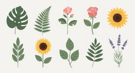 Fresh floral and foliage elements ideal for adding a touch of nature to your designs. Perfect for spring-themed projects and creative backgrounds.の素材