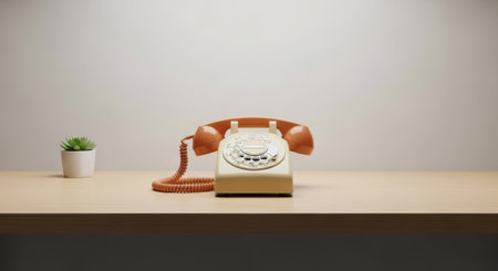 Vintage rotary phone and succulent bring a clean, minimalist feel to any office or workspace, creating a stylish and productive atmosphere perfect for focus.の素材