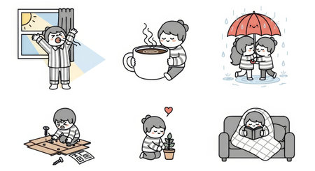 Delightful and relatable illustrations capturing the simple joys of everyday life, from waking up with the sun to cozying up with a good book, perfect for heartwarming content.の素材