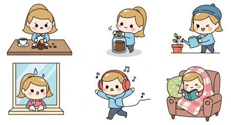 Charming cartoon scenes of a sweet girl navigating everyday life's joys and challenges with endearing expressions. Perfect for adding warmth and personality to projects.の素材