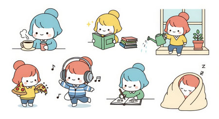 Charming cartoon scenes showcase a girl's delightful routines enjoying simple pleasures, perfect for adding warmth and joy to any project needing cuteness.の素材