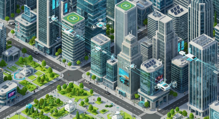 Envision the future with sustainable smart cities where autonomous vehicles navigate seamlessly between modern buildings and green parks, showcasing urban innovation and eco-friendly design.の素材