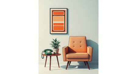 Retro interior styling brings a warm, nostalgic atmosphere. Use this scene to add a touch of vintage charm and vibrant color to your project or campaign.の素材