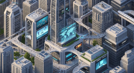 Envision a thriving, connected future with this city featuring advanced tech and elevated walkways, ideal for showcasing innovation, global business, and urban planning.の素材
