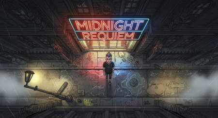 Immerse in this edgy urban scene showcasing a punk rocker under vibrant neon lights in a rain-soaked alley, perfect for music, youth culture, or alternative themes.の素材