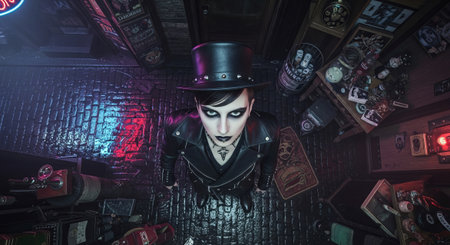 An alternative fashion goth woman in leather and top hat makes intense eye contact in a grungy, neon-lit alley, showcasing edgy style and dark beauty in an urban setting.の素材
