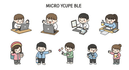 Delightful cartoon characters showcasing modern tech use and beverage enjoyment. Ideal for adding charm to branding, social media, and presentations. Positivity guaranteed!の素材