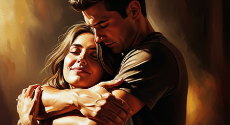 A tender embrace bathed in warm light symbolizes love and connection. Perfect for content celebrating relationships, Valentine's Day, or promoting emotional wellbeing.の素材