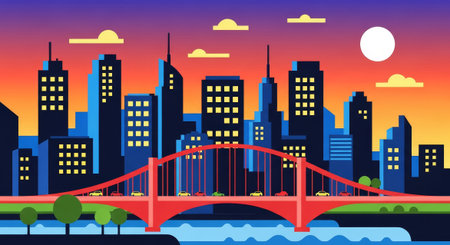 Vibrant city skyline illustration featuring a stunning bridge at sunset. Perfect for travel, architecture and urban design projects, adding a modern touch.の素材