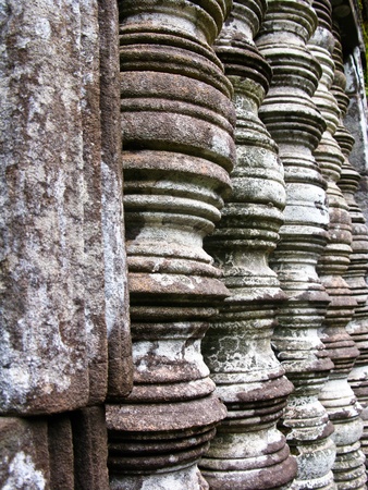 Stone window of temple in Vat Phou, Laosの写真素材