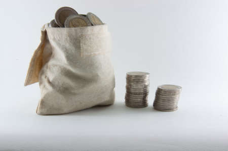 keep coin in burlap bag-10 bahtの写真素材
