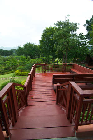 outdoors wood terrace near tha gardenの写真素材