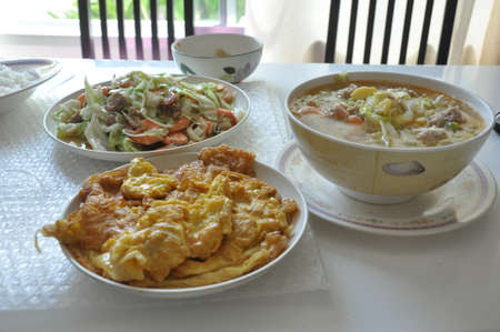 Thai Dinner set,omelet,fry vegetable,soup tofuの写真素材